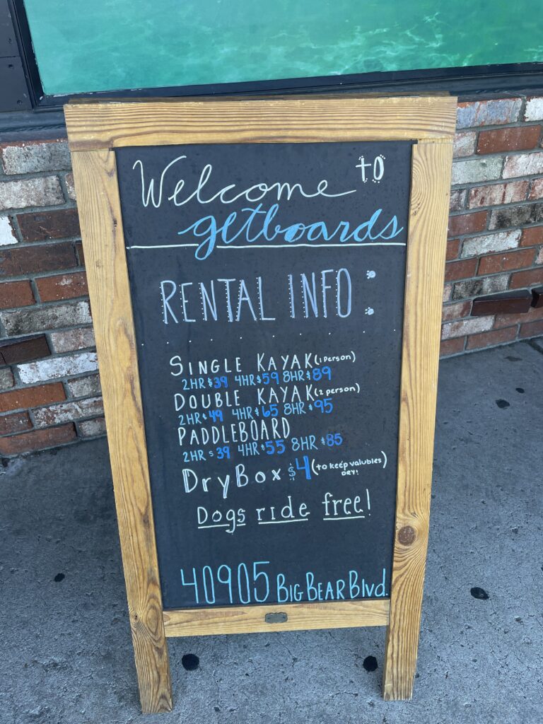 kayak rental information sign from getboards