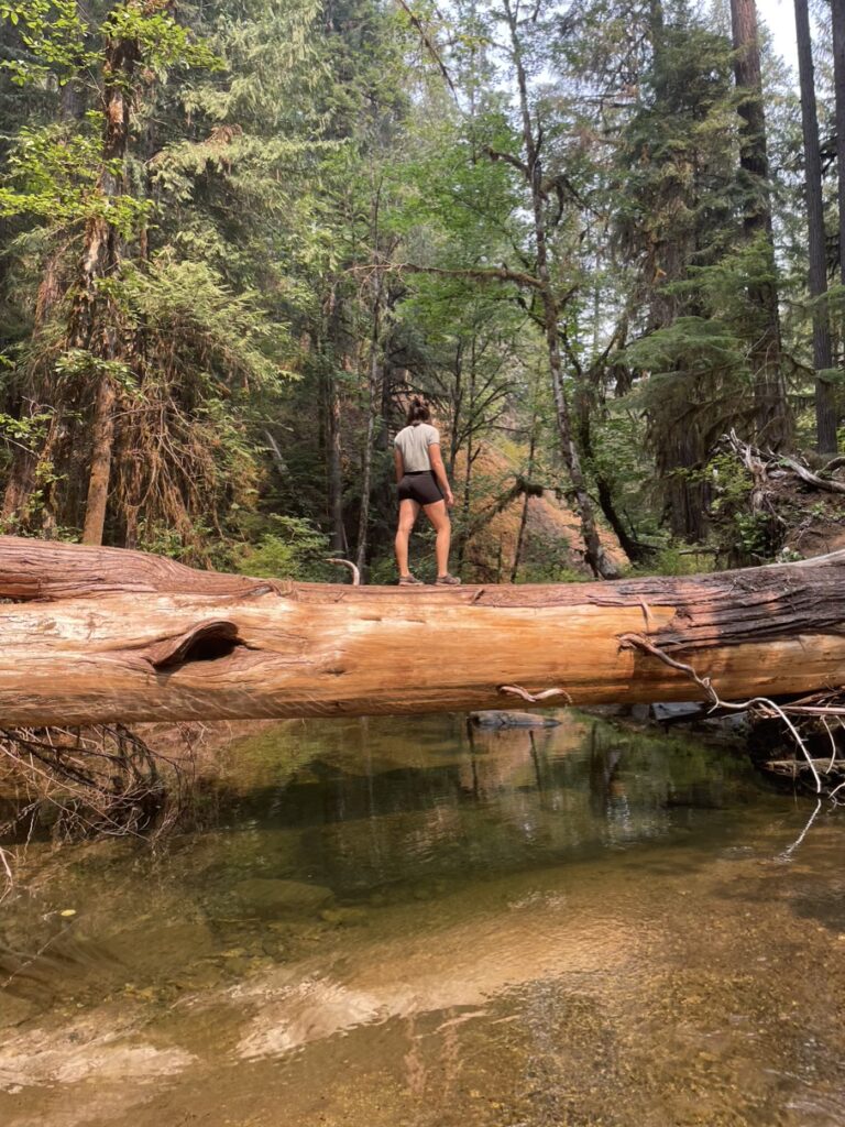 Me playing on a fallen log while hiking on the Wolf Creek Falls Trail